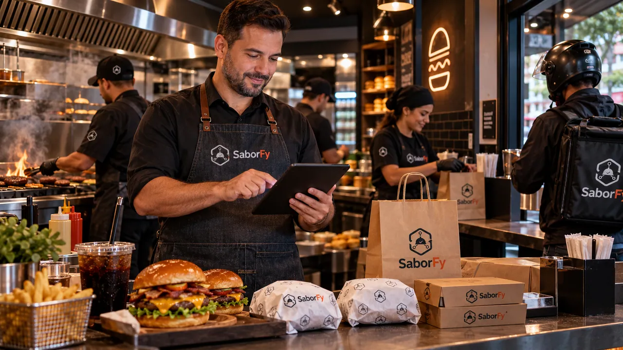Restaurante conectado ao SaborFy com equipe preparando pedidos e entregador pronto para a coleta