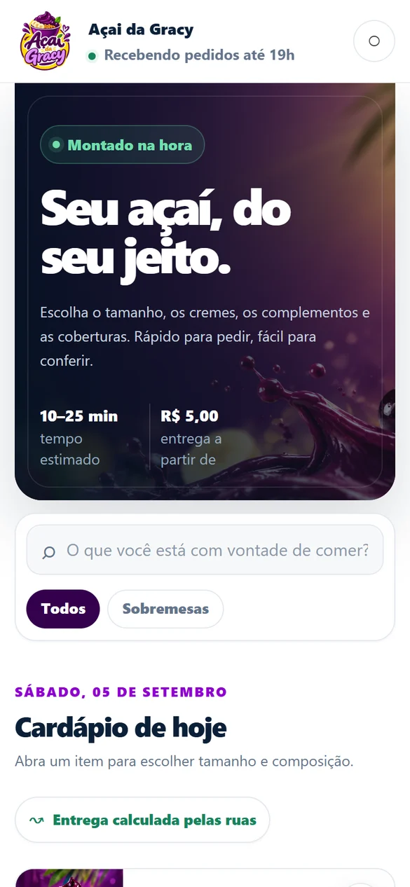 Exemplo real do cardápio Açaí da Gracy no celular